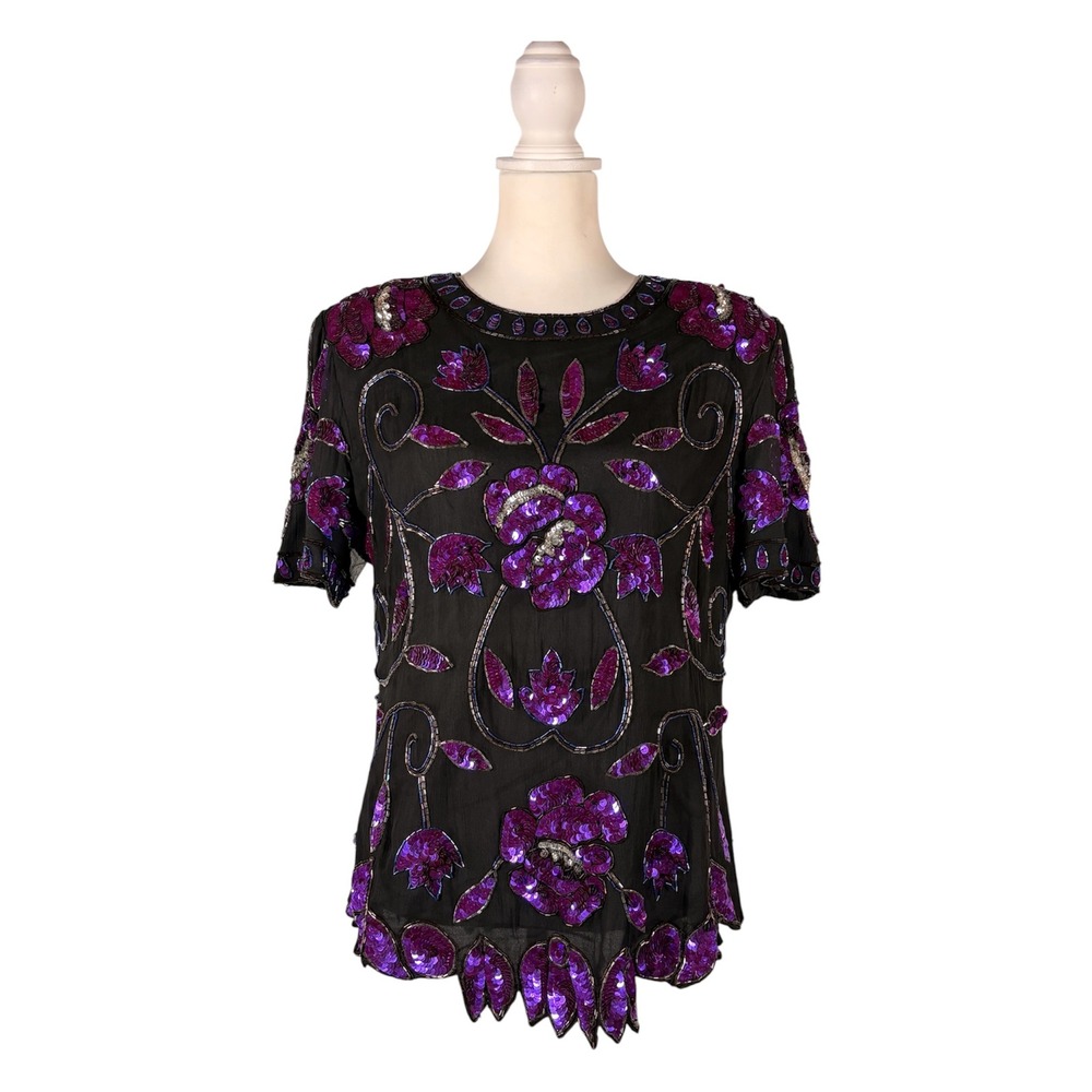 Vintage Adrianna Papell Sequin Floral 100% Silk Blouse XL Witchy Glam Party Diva